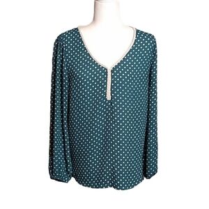 Xhilaration Womens Medium Blue Green V Neck Polka Dot Popover Blouse Boho Top